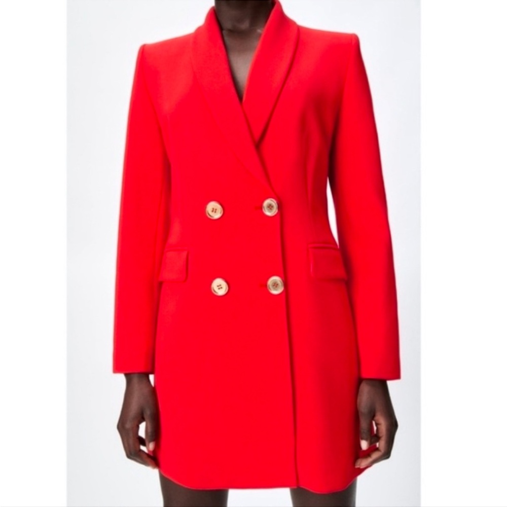 Zara Red Double-Breasted Blazer Coat with Gold Buttons